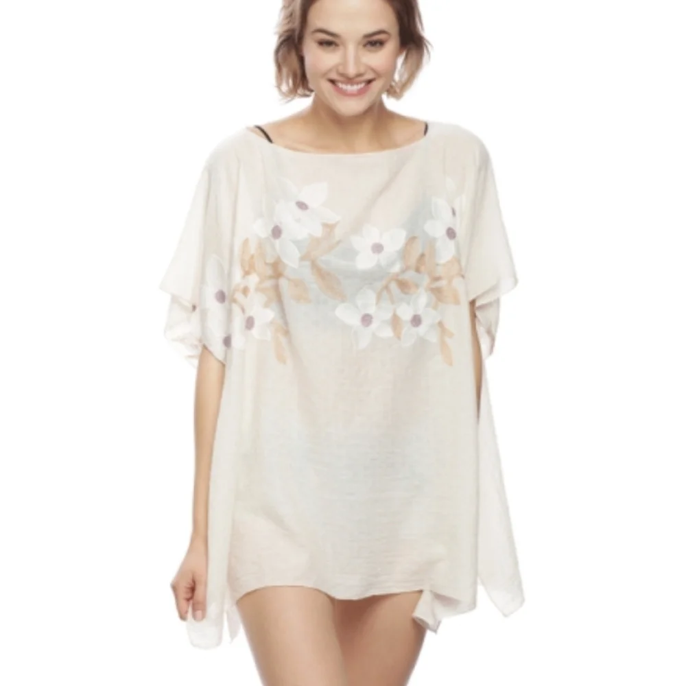 Memories Fashion Ivory Swim Cover Up Poncho with Floral Embroidery One Size